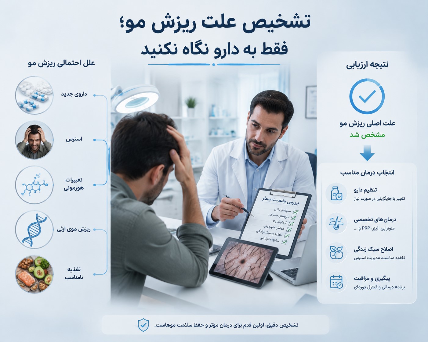 تشخیص علت ریزش مو؛ فقط به دارو نگاه نکنید